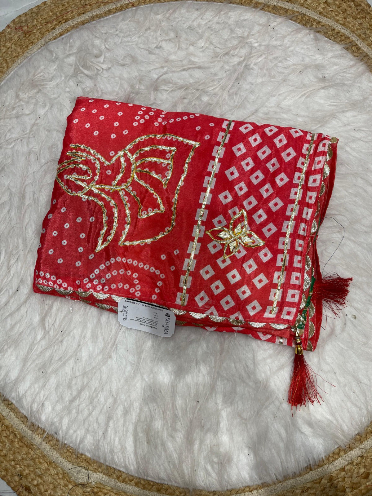 BEAUTIFUL BANDANI DIGITAL PRINT SAREE WITH HEAVY GOTA PATTI WORK WITH PIPING BORDER WITH LATKAN