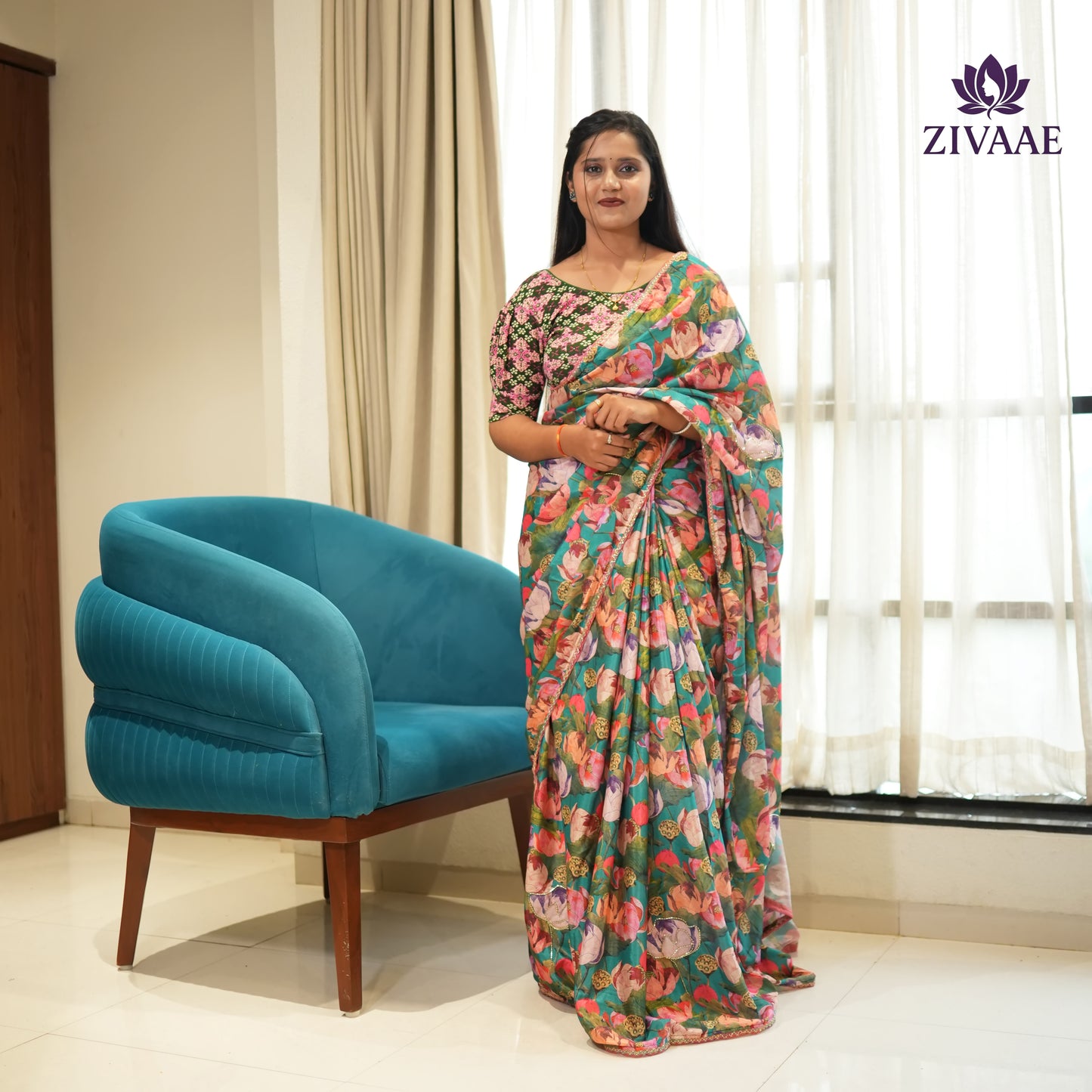 🌸 ZIVAAE Premium Chinon Saree — Artistic, Elegant & Truly Exquisite