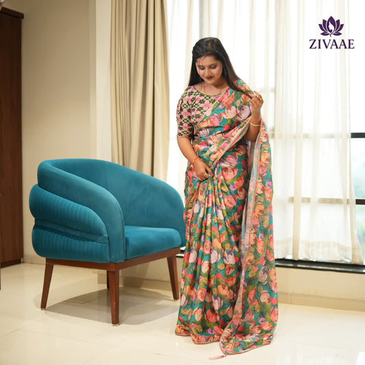 🌸 ZIVAAE Premium Chinon Saree — Artistic, Elegant & Truly Exquisite