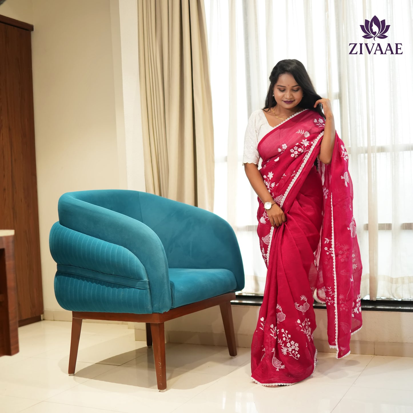 Crunchy chiffon fabric with white figured embroidary work allover saree with beautiful white rich cotton border on it with tone to tone white embroidary work blouse