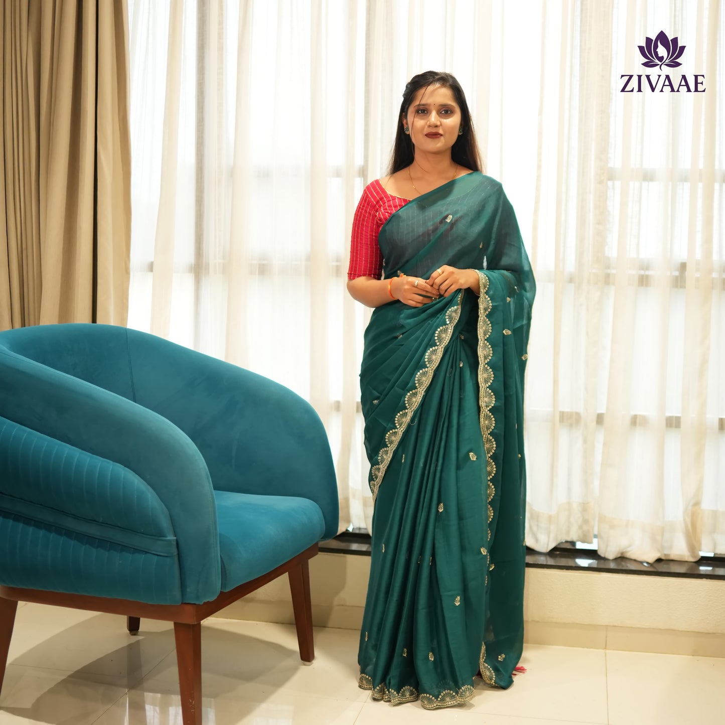 Soft chiffon fabric with sequence work allover saree with beautiful tussels on pallu with contrast heavy embroidary blouse