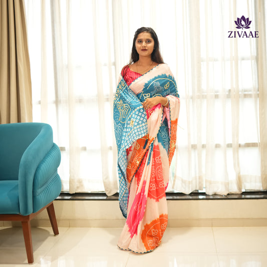 BEAUTIFUL BANDANI DIGITAL PRINT SAREE WITH HEAVY GOTA PATTI WORK WITH PIPING BORDER WITH LATKAN