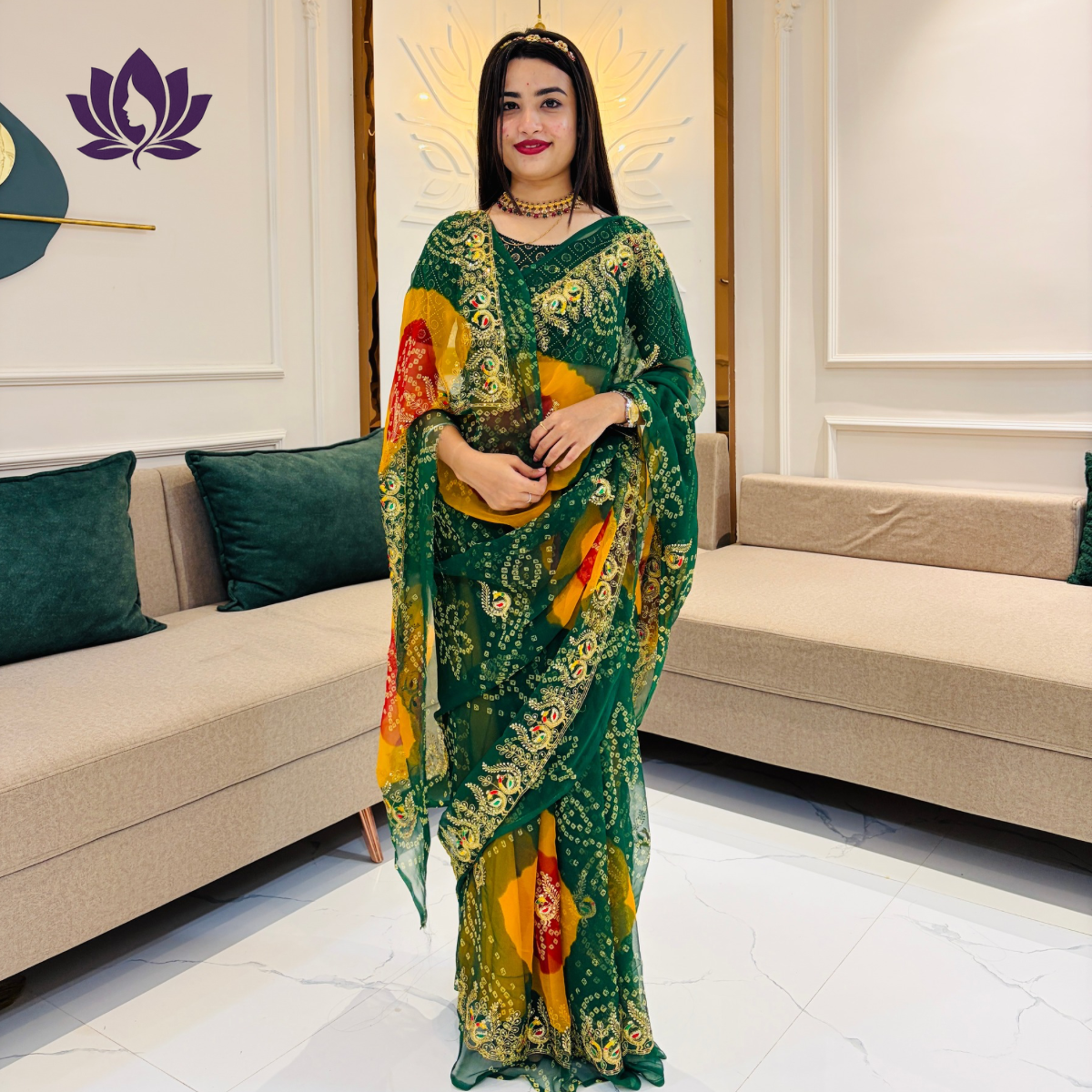 ZIVAAE Pure Georgette Bandhani Saree — Heavy Embroidery Work | 5.5 Meter | Without Blouse