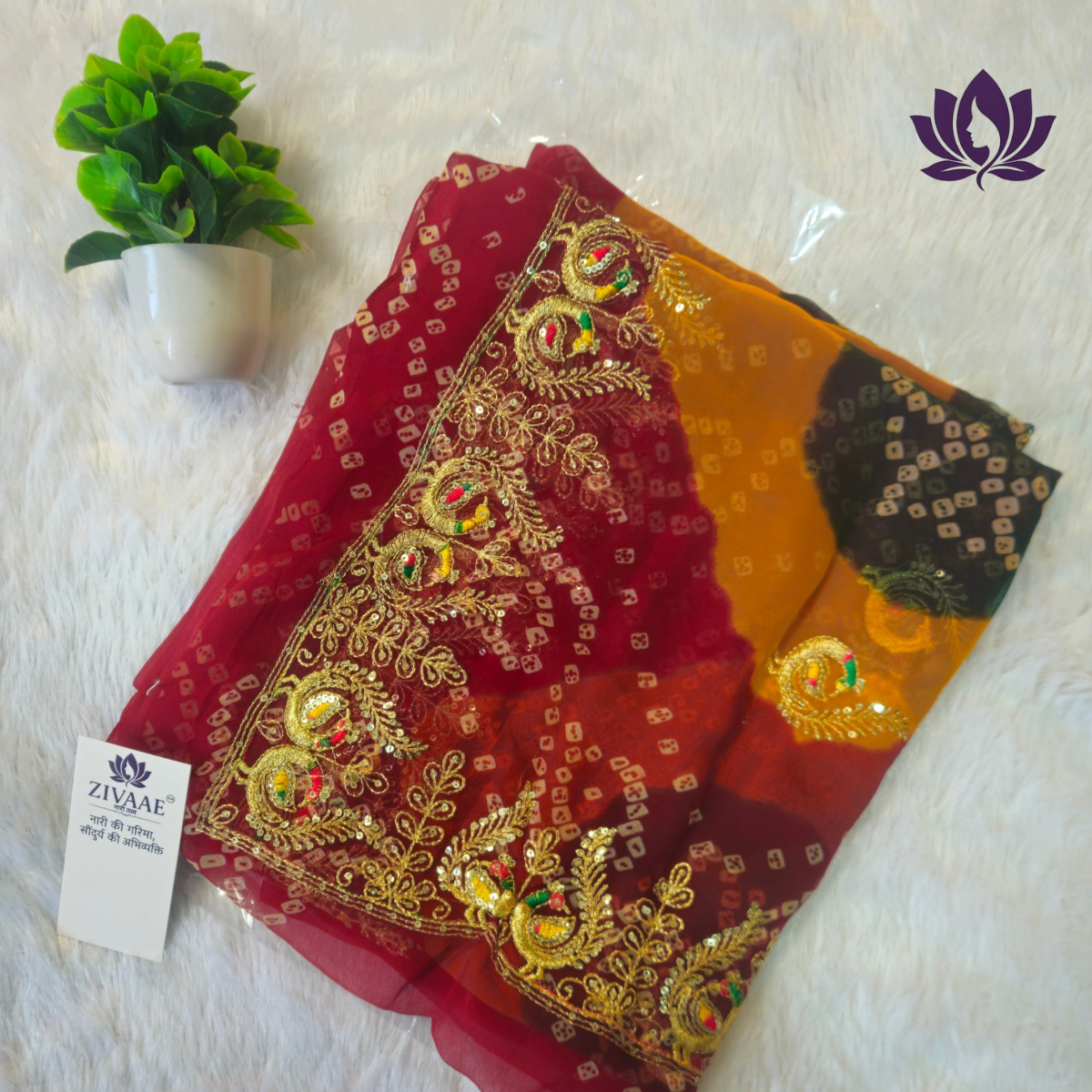 ZIVAAE Pure Georgette Bandhani Saree — Heavy Embroidery Work | 5.5 Meter | Without Blouse