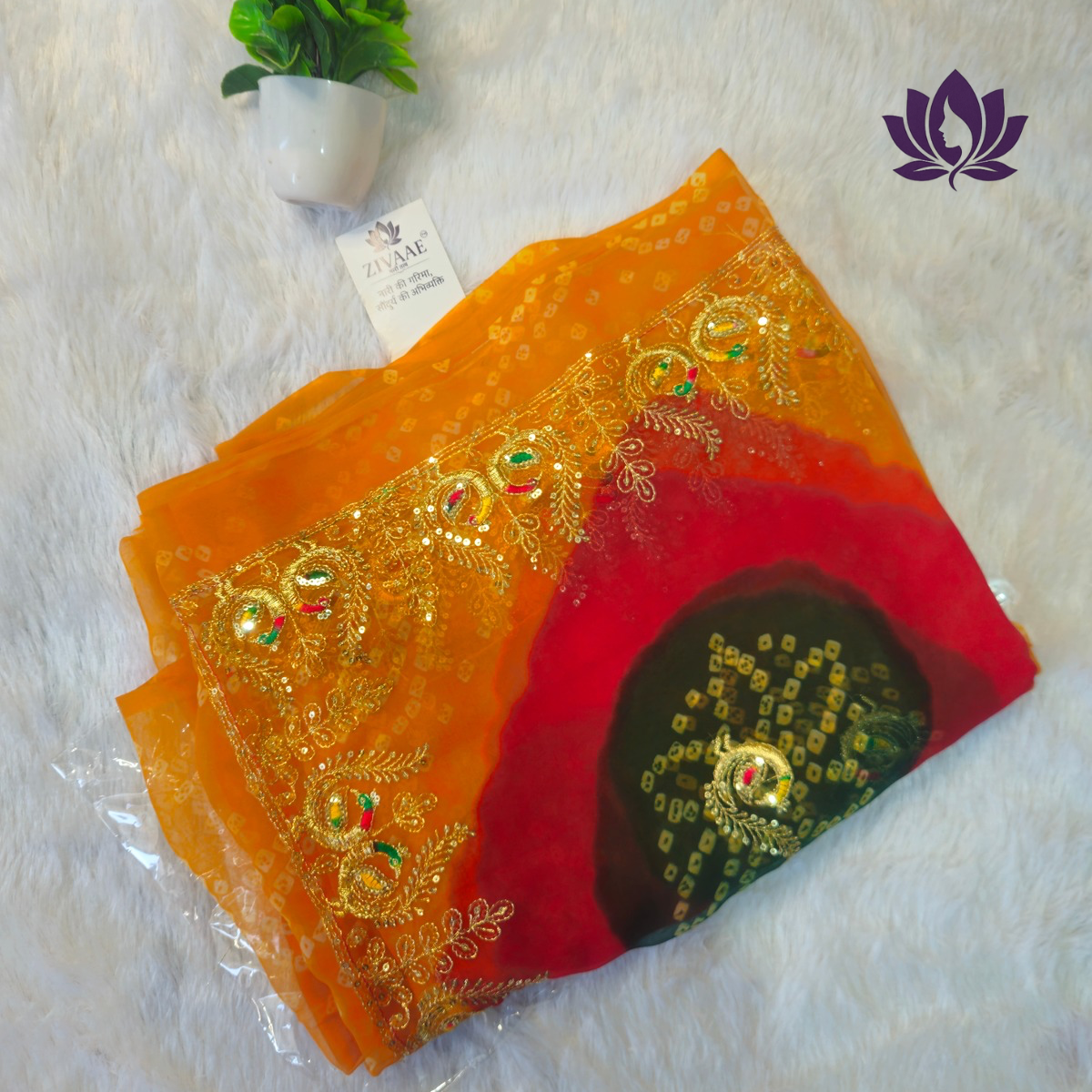 ZIVAAE Pure Georgette Bandhani Saree — Heavy Embroidery Work | 5.5 Meter | Without Blouse