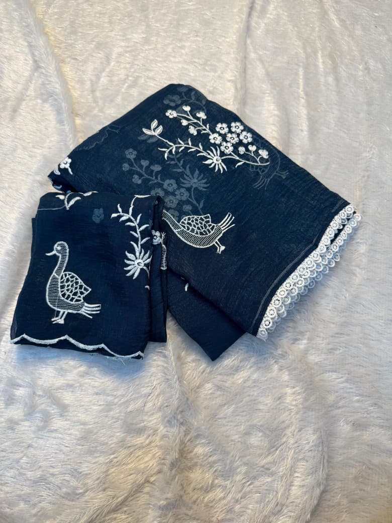Crunchy chiffon fabric with white figured embroidary work allover saree with beautiful white rich cotton border on it with tone to tone white embroidary work blouse