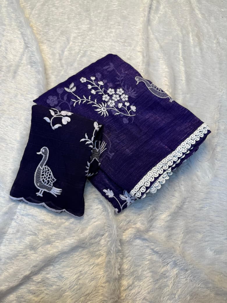 Crunchy chiffon fabric with white figured embroidary work allover saree with beautiful white rich cotton border on it with tone to tone white embroidary work blouse