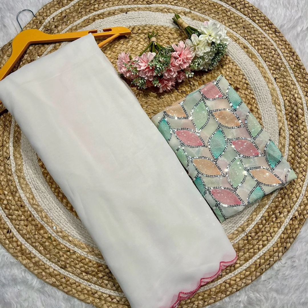 60 gram georgette  Saree with tone to tone floral 3D embroidered blouse piece and arca border😍*