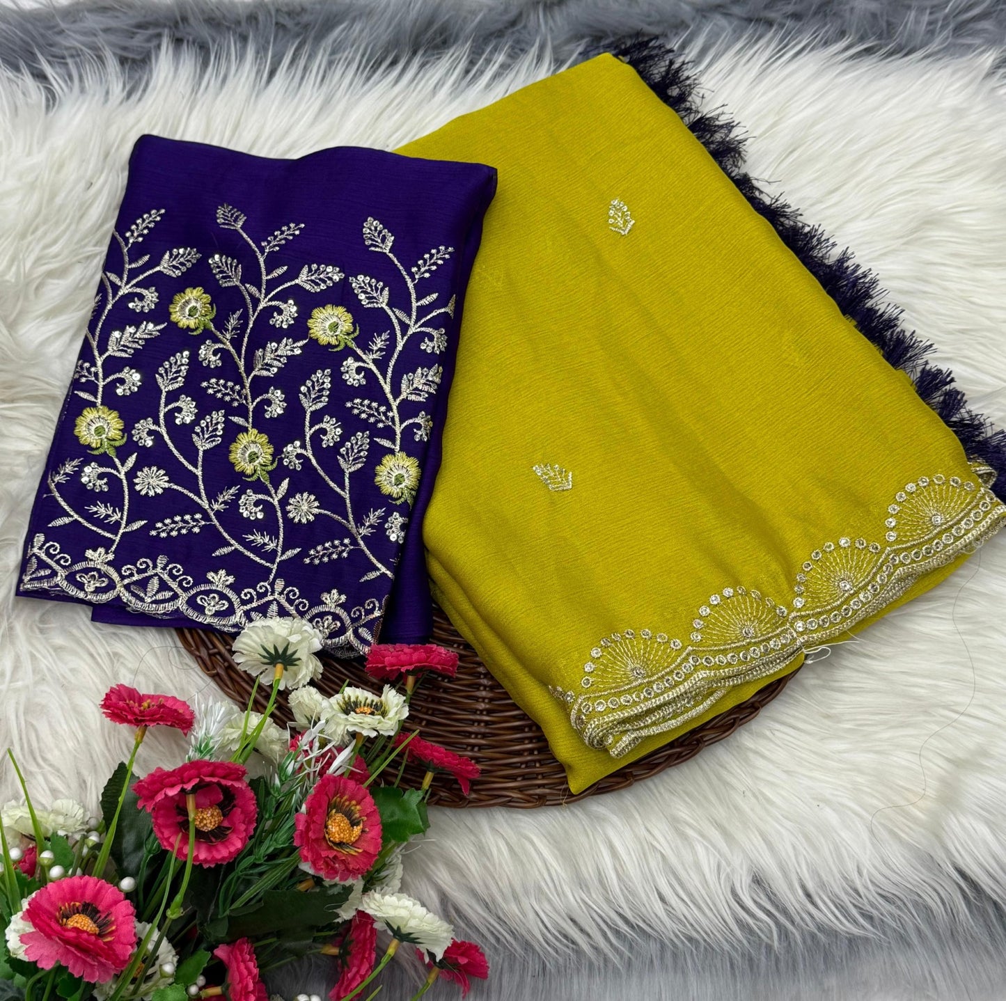 Soft chiffon fabric with sequence work allover saree with beautiful tussels on pallu with contrast heavy embroidary blouse
