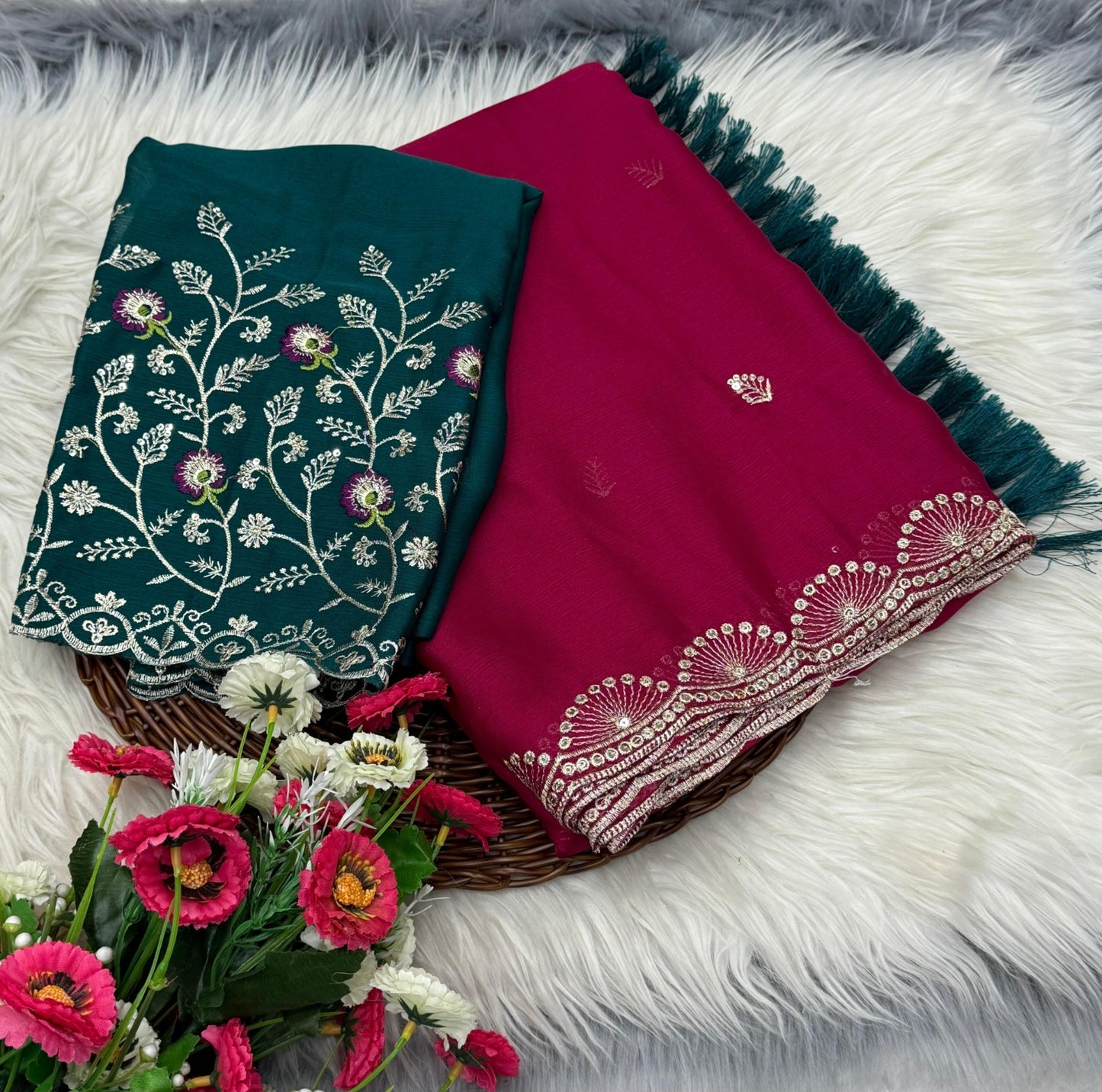 Soft chiffon fabric with sequence work allover saree with beautiful tussels on pallu with contrast heavy embroidary blouse