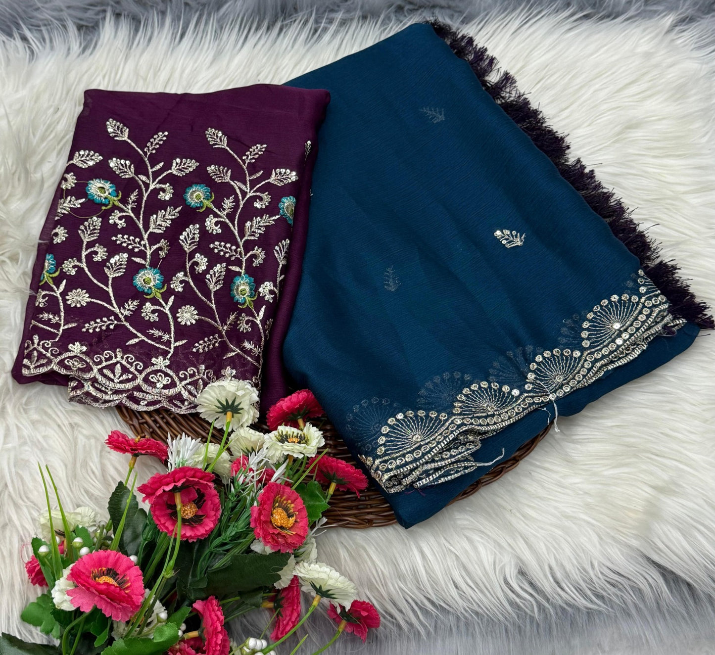 Soft chiffon fabric with sequence work allover saree with beautiful tussels on pallu with contrast heavy embroidary blouse