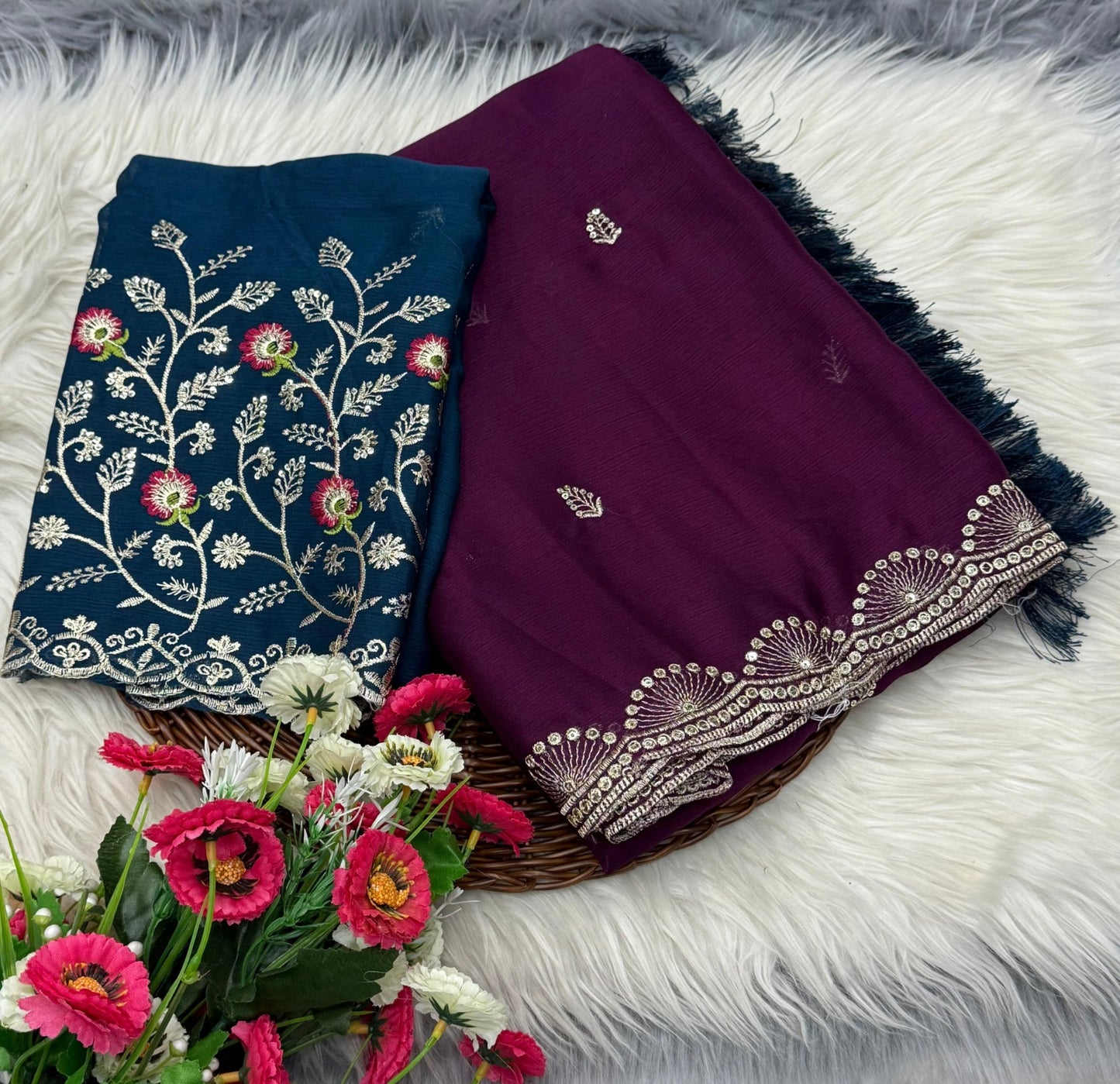 Soft chiffon fabric with sequence work allover saree with beautiful tussels on pallu with contrast heavy embroidary blouse